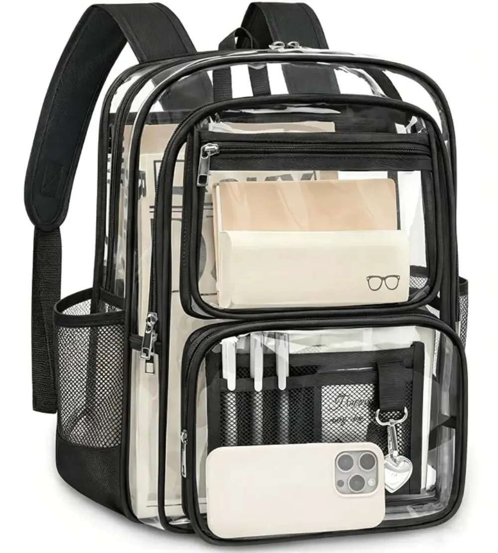 Large Heavy Duty Clear Backpack, Transparent Backpack, Stadium Backpack- Black